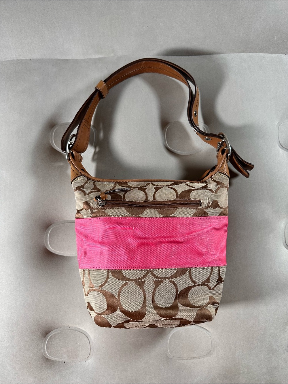 Coach Signature F13362 Stripe Tan Pink Rugby Duffle Bucket  Bag Retro Y2K 2000s